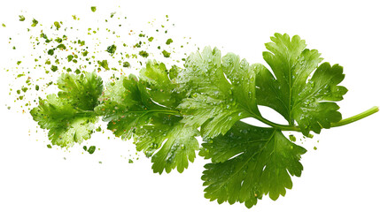 Green coriander leaves close-up, isolation on transparent png