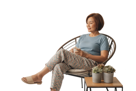 Relaxed Asian woman enjoys quiet moment with coffee, on transparent background