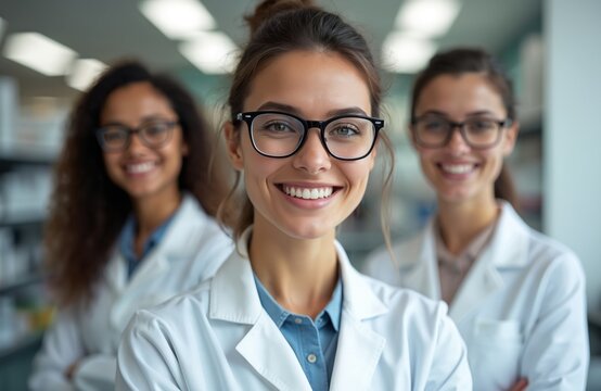 Three smiling women scientists in lab coats stand together. Diverse team of female researchers in a lab setting. Professionals in healthcare science show teamwork.