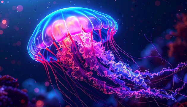 A vibrant, bioluminescent jellyfish floats peacefully in the dark ocean depths. Its tentacles trail, surrounded by bokeh, coral and subtle light