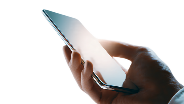 A hand holding a modern smartphone with a reflective screen in a bright and minimalist setting