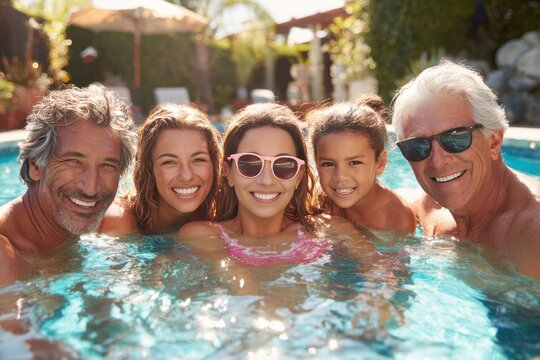 Hispanic Latino multigenerational family enjoying a fun day swimming together in a sunny backyard pool setting
