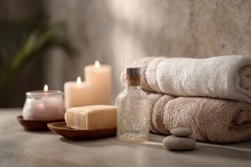 Relaxing spa treatments with soothing essentials in a serene atmosphere emphasized by candles and aromatic products