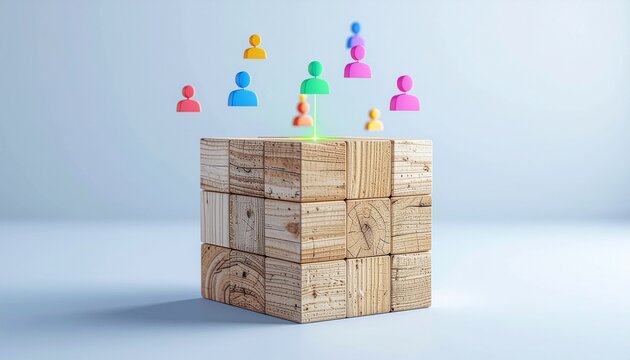 Connect with your audience using a modern wooden block network concept with colorful avatars representing community and social media growth potential