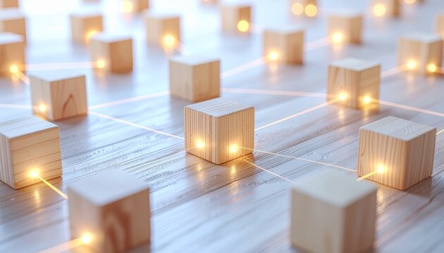 Modern networking concept with wooden blocks interconnected by glowing lines representing data connections for technology, innovation, and global reach