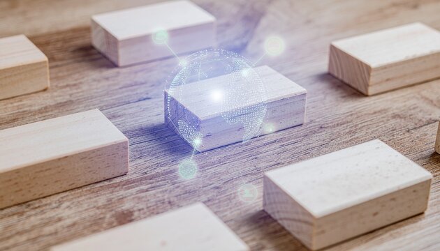 Global network connecting wooden blocks symbolizing interconnectedness and global reach, making complex connections feel simple and accessible