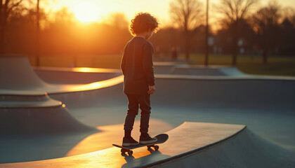 Young boy with curly hair rides skateboard in skatepark during sunset. Golden hour sun casts long shadows on concrete ramps. Child practices extreme sport outdoors in urban environment.