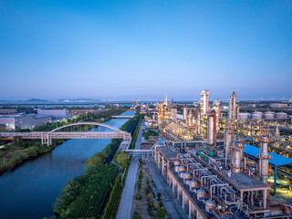 Aerial view of petrochemical plant at dusk