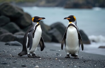 Obraz premium Two penguins stand close together on a beach. Birds face each other with black heads and backs. Yellow markings are visible. Sea waves softly crash. Calm nature scene.
