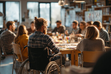 AI-generated image of a diverse creative team in discussion, inclusive workplace with colleague in wheelchair