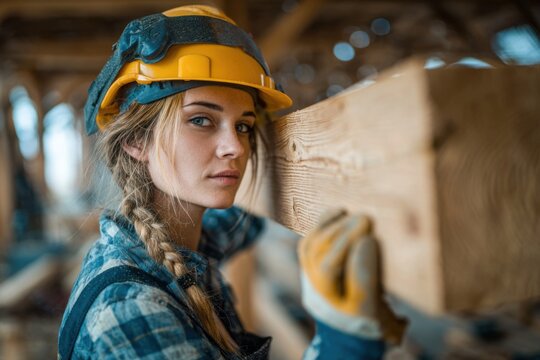 Skilled female carpenter showcases wooden beam at construction site during bright daytime, emphasizing craftsmanship and dedication in woodworking