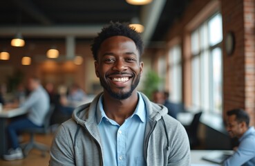 Smiling African American man in office wears light blue shirt grey hoodie. Looks directly at camera with friendly approachable expression. Blurred background shows coworkers busy at desks. Image