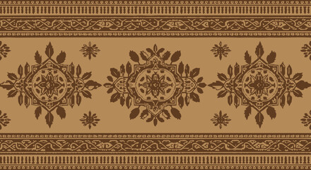 Intricate Brown Damask Pattern on Beige Background. © Red3