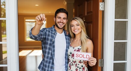 Happy couple celebrating new home purchase with keys and sold sign.