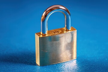 Fototapeta premium Golden padlock resting on vibrant blue surface symbolizes security and protection in a minimalist setting