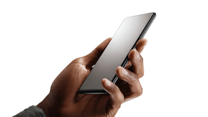 Person holding a smartphone with a blank screen in their hand against a black background close up view