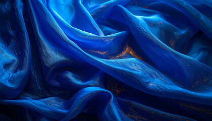 Silk Symphony: A vibrant display of flowing, ethereal silk, its deep blue hues interwoven with hints of gold, creating a mesmerizing dance of light and shadow.
