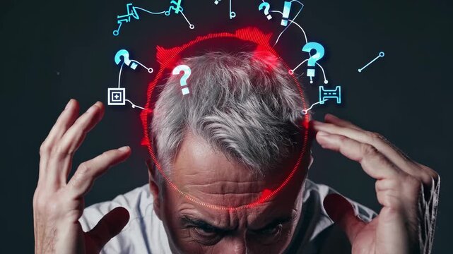 Man senior holding head in pain. Closeup shows headache and brain overlay graphics. Image conveys confusion memory issues and stress. Pensive expression highlights mental health concern. Mind symbol.