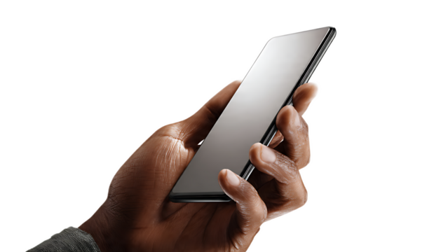 Person holding a smartphone with a blank screen in their hand against a black background close up view