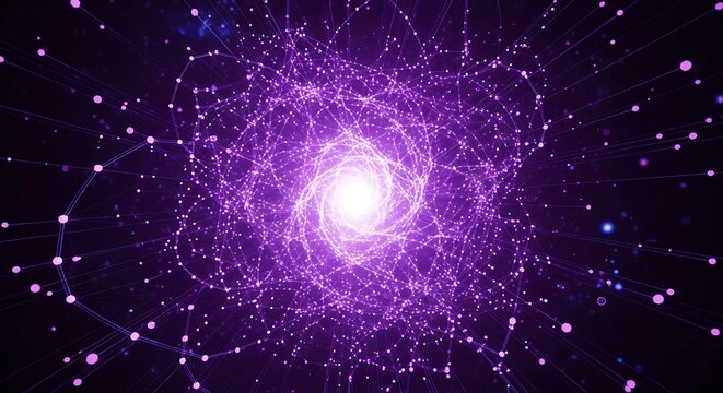 Abstract Purple Energy Field with Glowing Center and Connected Particles.