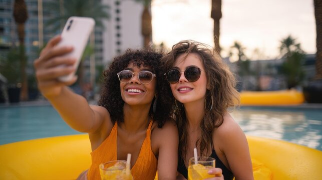 Smiling friends taking pool selfie on yellow float - Powered by Adobe
