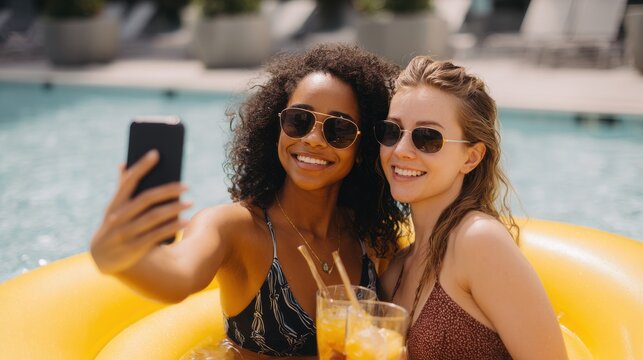 Friends take pool selfie on float - Powered by Adobe