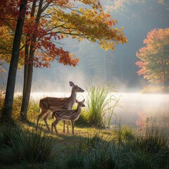 Doe and fawn by misty autumn lake with vibrant fall foliage