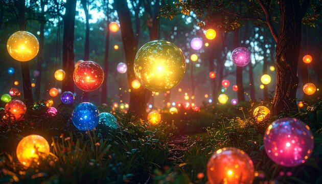 A mesmerizing scene of multicolored orbs floating in a twilight forest, each radiating distinct light tones symbolizing diversity and enchantment