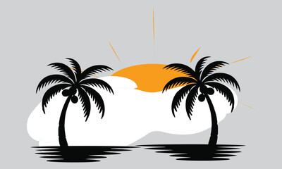 sunset palm coconut tree beach vector logo design