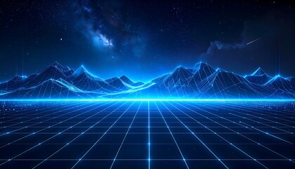 Futuristic Landscape with Grid and Mountains in Neon Blue.