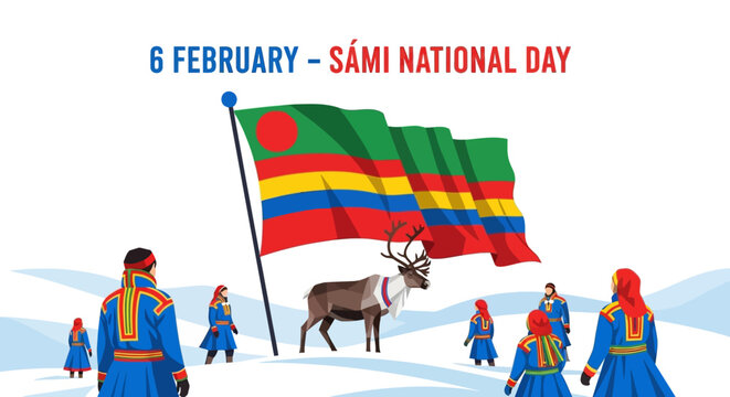 Sami National Day celebration with flag and reindeer in snow.