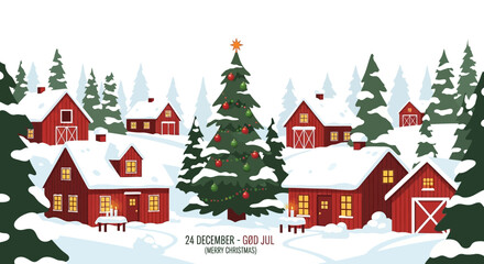 Fototapeta premium Cozy Winter Village with Red Houses and Christmas Tree.