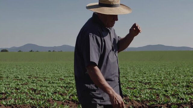 Farmer tending young crop in field. Manual weeding and planting show agriculture and farming practice. Straw hat shields worker from sun. Rich soil and row layout visible across rural land. Calm sky.