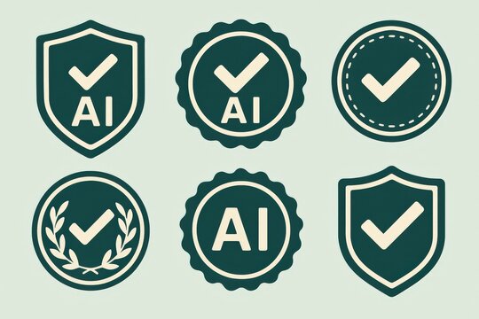 Assurance emblem representing artificial intelligence authenticity conveyed through various badge designs with checkmarks symbolizing trustworthiness and quality assurance in digital technology