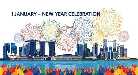 Singapore skyline celebrating New Year with a spectacular fireworks display.