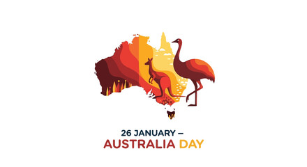 Australia Day celebration with map kangaroo and emu illustration.