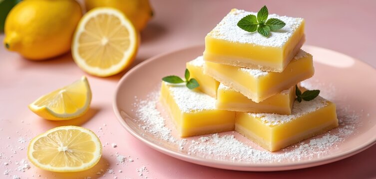 Stack of lemon bars on pink plate. Sugar powder sprinkled over. Served with lemon slice, mint leaves. Sweet dessert food concept for restaurant menu card bakery shop promo material. Summer snack food