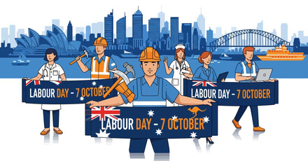 Diverse group of workers celebrating Labour Day with Australian flags.