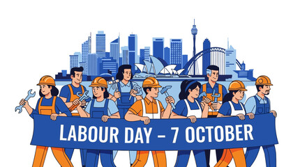 Labour Day Celebration with Workers Holding Banner in Front of Cityscape.