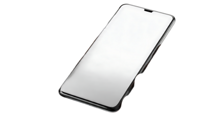 Close up of a modern smartphone with a blank white screen against a black background studio shot
