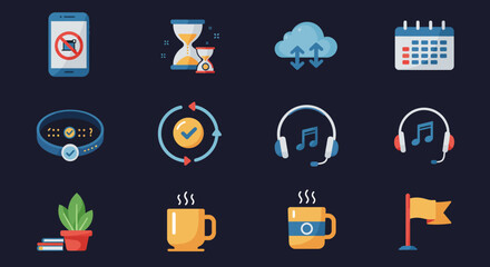 Modern flat design icons set featuring technology, time management, and music elements