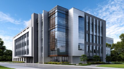Obraz premium Modern architectural building with glass facade under blue sky