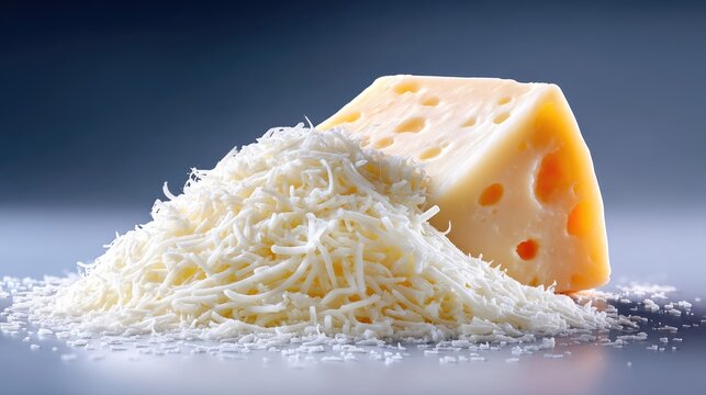 Close up macro shot of a pile of finely grated hard cheese next to a wedge of Swiss cheese with visible holes on a smooth gray studio background with soft lighting