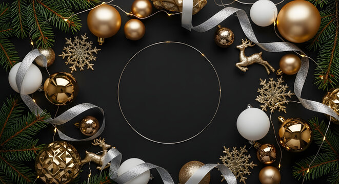 A festive Christmas flat lay with gold and white ornaments, fir branches, and ribbons on a dark background, with a central empty circle for text.