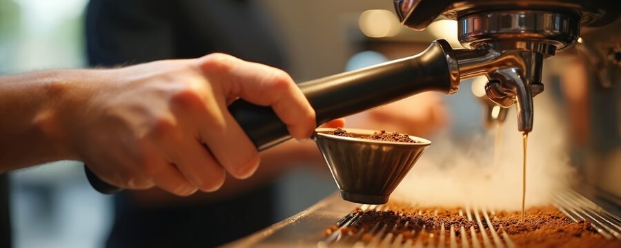 Person holds coffee filter above espresso machine. Ground coffee fills the holder for brewing. Steam rises from hot equipment. Barista prepares drink at cafe. Pro making latte with equipment. - Powered by Adobe