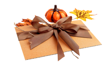 autumn gift box with pumpkin and ribbon decoration, thanksgiving present with fall leaves