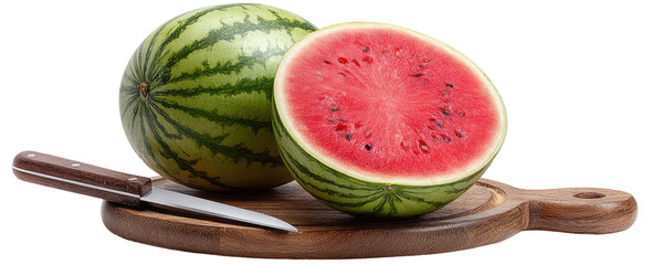 Fresh watermelon halves on a wooden cutting board