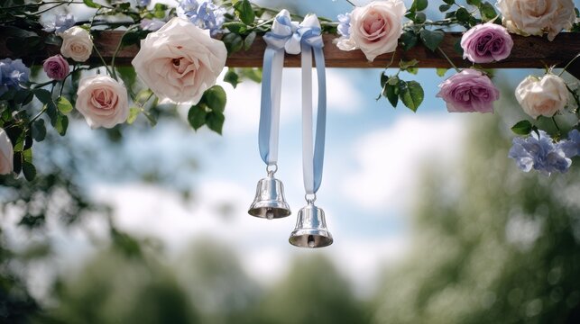 Romantic wedding arch with roses and bells