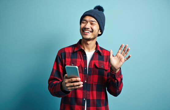 Young Asian man in beanie and red plaid shirt winks holding phone. He gives OK sign, smiling happily. He gestures with open hand, showing approval. This young guy feels great joy and satisfaction. - Powered by Adobe
