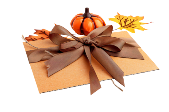 autumn gift box with pumpkin and ribbon decoration, thanksgiving present with fall leaves